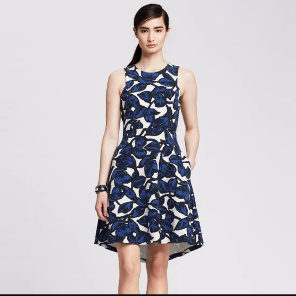 Banana Republic Floral Fit-and-Flare Dress - Black, Blue and White - Size 0